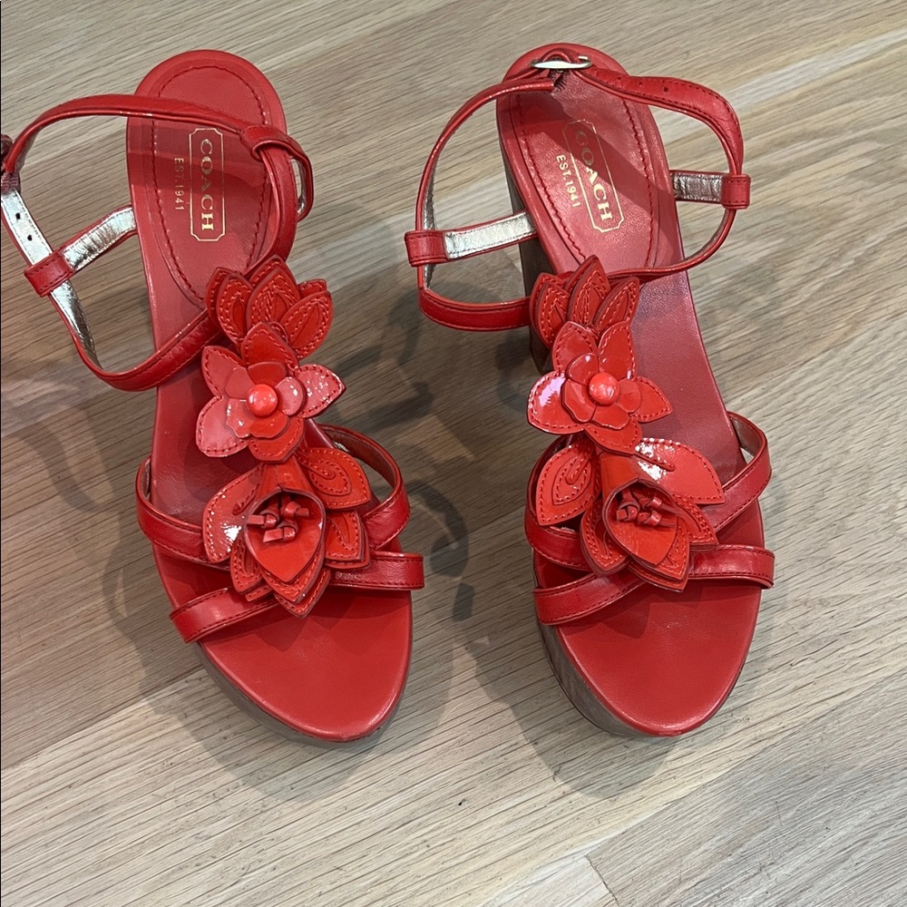 Coach Red Floral Embellished Sandals